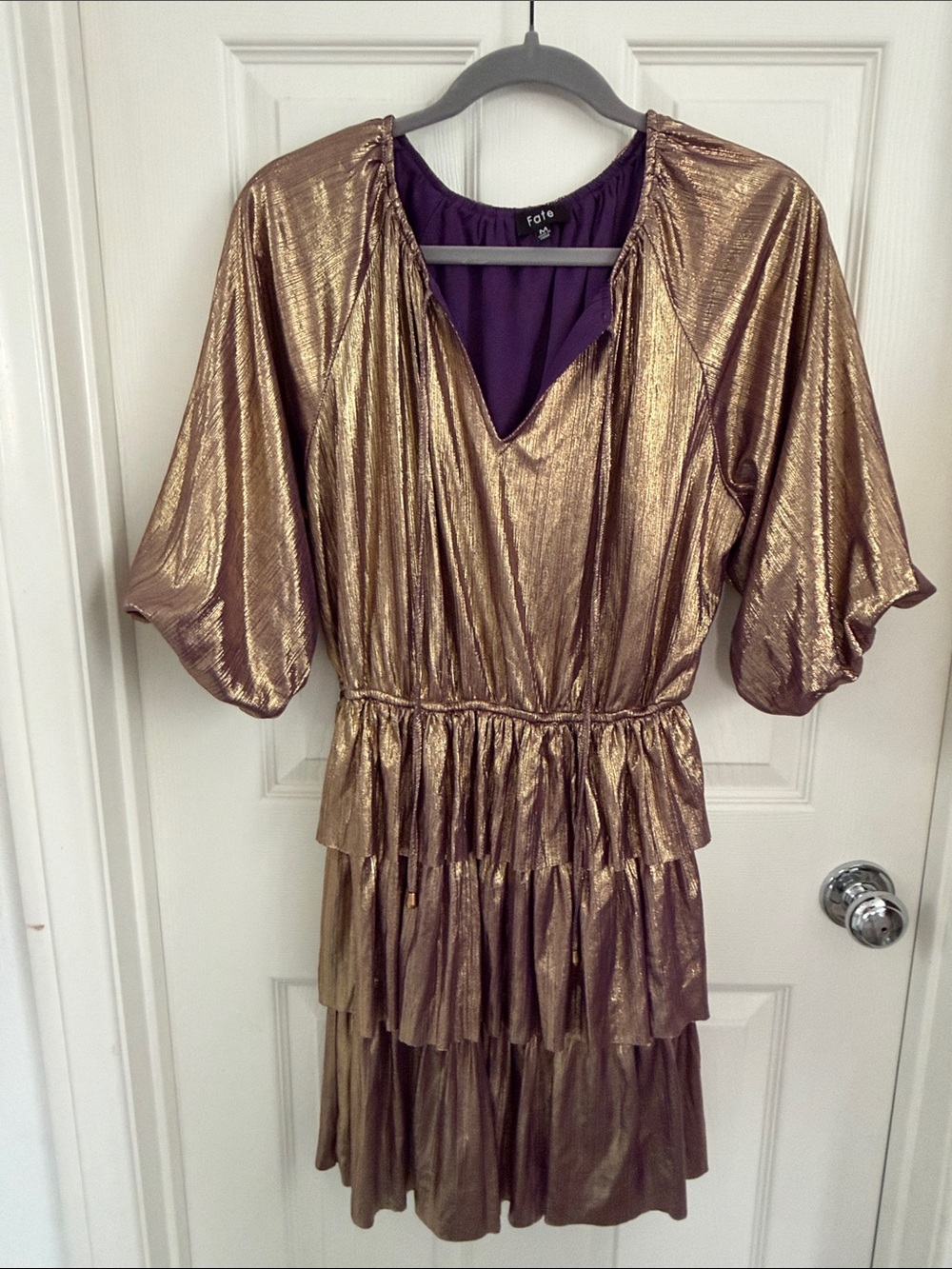 Fate Metallic Gold Tiered Midi Dress with V-Neck from Vici, M